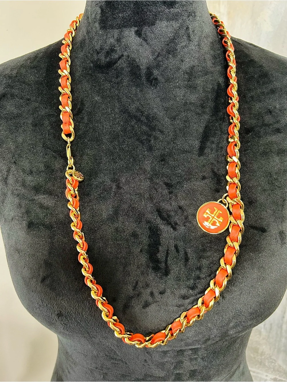 Tory Burch Orange Leather-Woven Gold Chain Necklace with Logo Charm